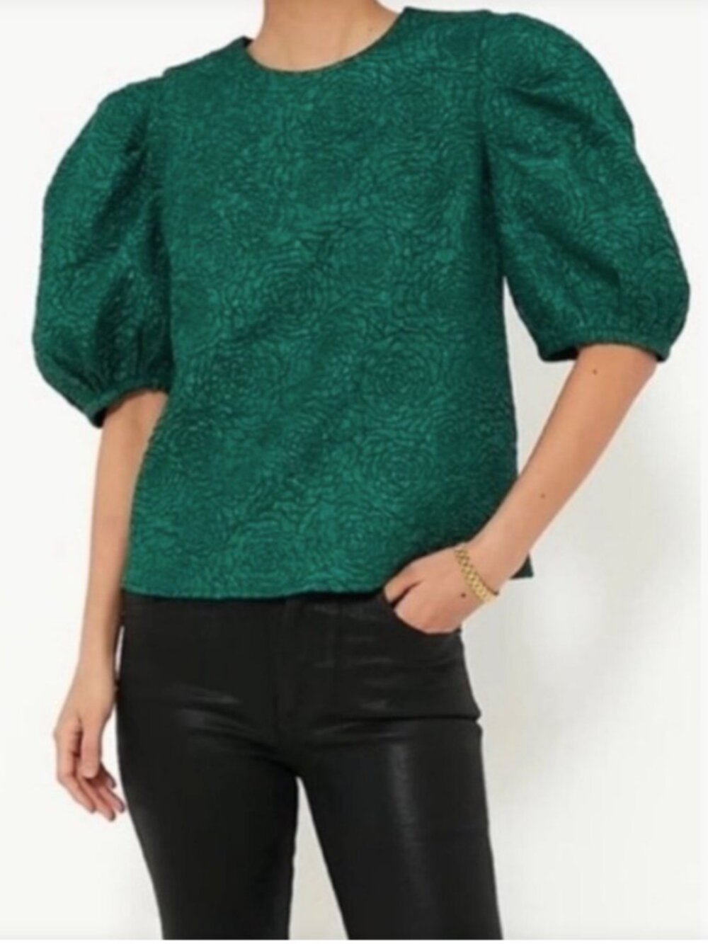 Hyacinth House Emerald Green Puff Sleeve Jacquard Blouse
